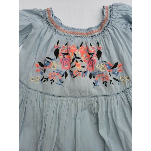 FREE PEOPLE Sunbeams Mini Dress Light Blue Smocked Embroidered Small Boho Dainty - Picture 4 of 12